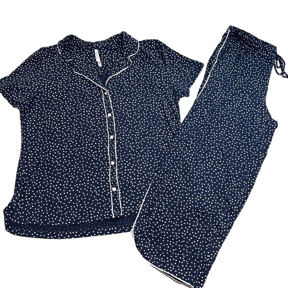 Soma Cool Nights Polka Dot Pajama Set Short Sleeve Navy White Button Up Size XL